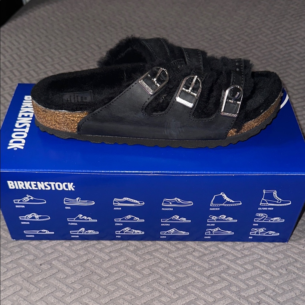 Birkenstock Black Shearling Buckle Slides